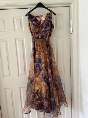 Rene Ruiz Floral Chiffon Midi Dress in Purple and Gold Tones